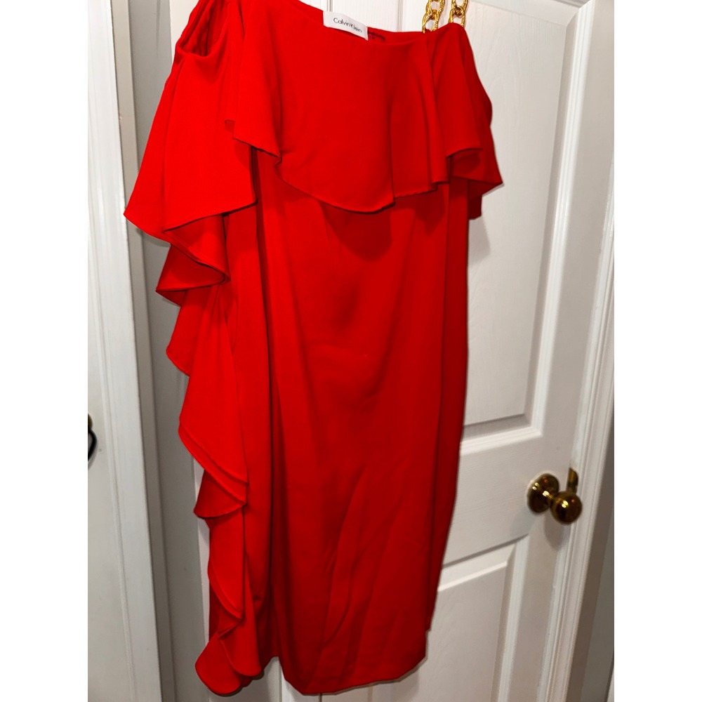Calvin Klein Red Cold Shoulder Ruffle Chain Strap Mini Dress Size 10 - Picture 6 of 8